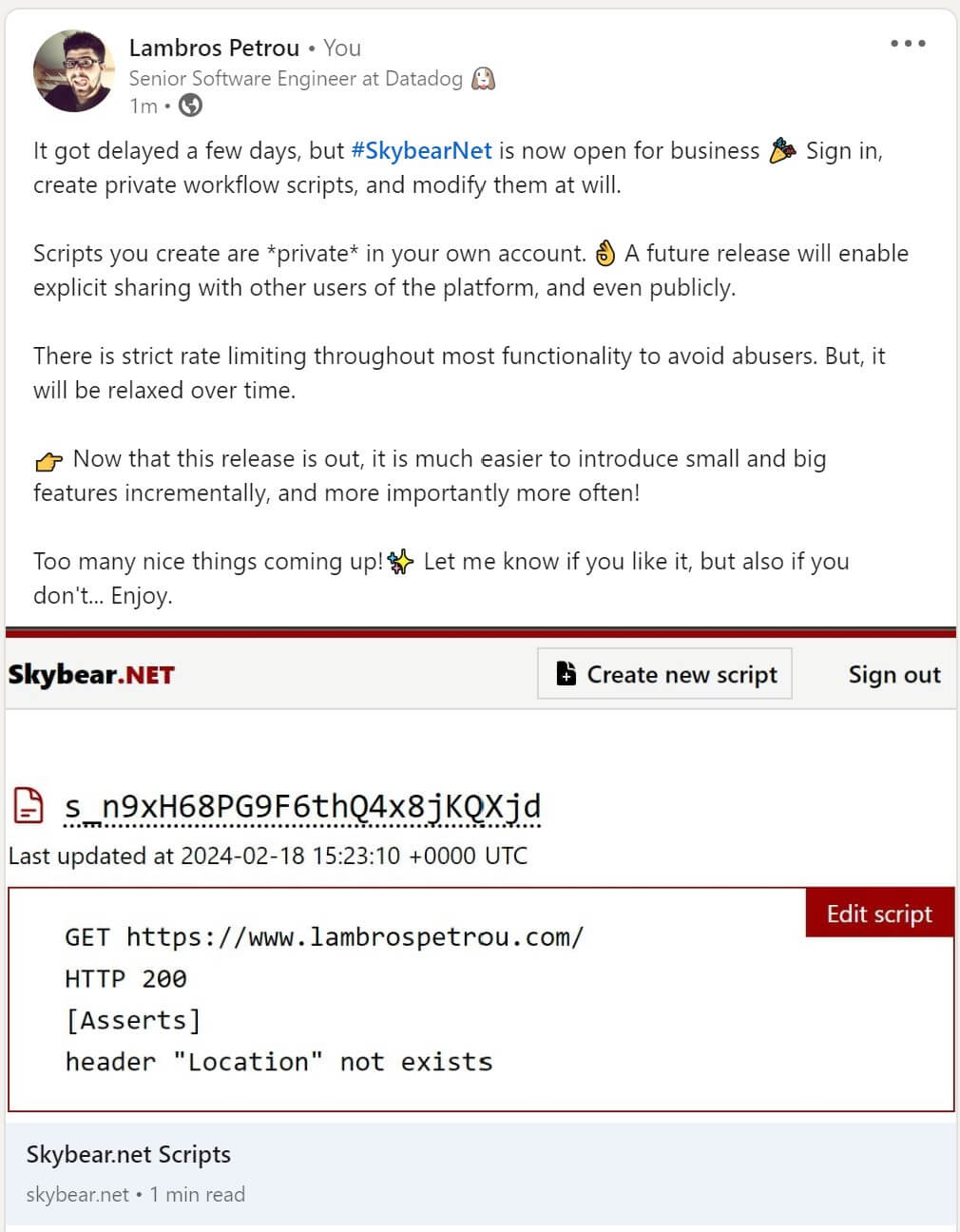 Skybear.net Scripts release LinkedIn post