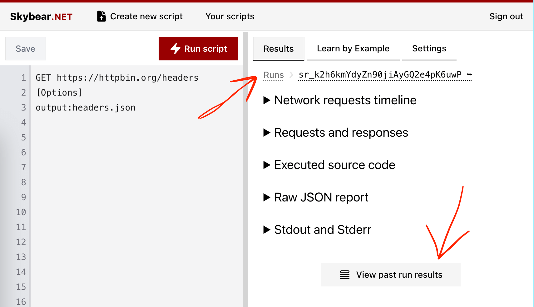 Skybear.net View past script run results actions Skybear.net View past script run results actions