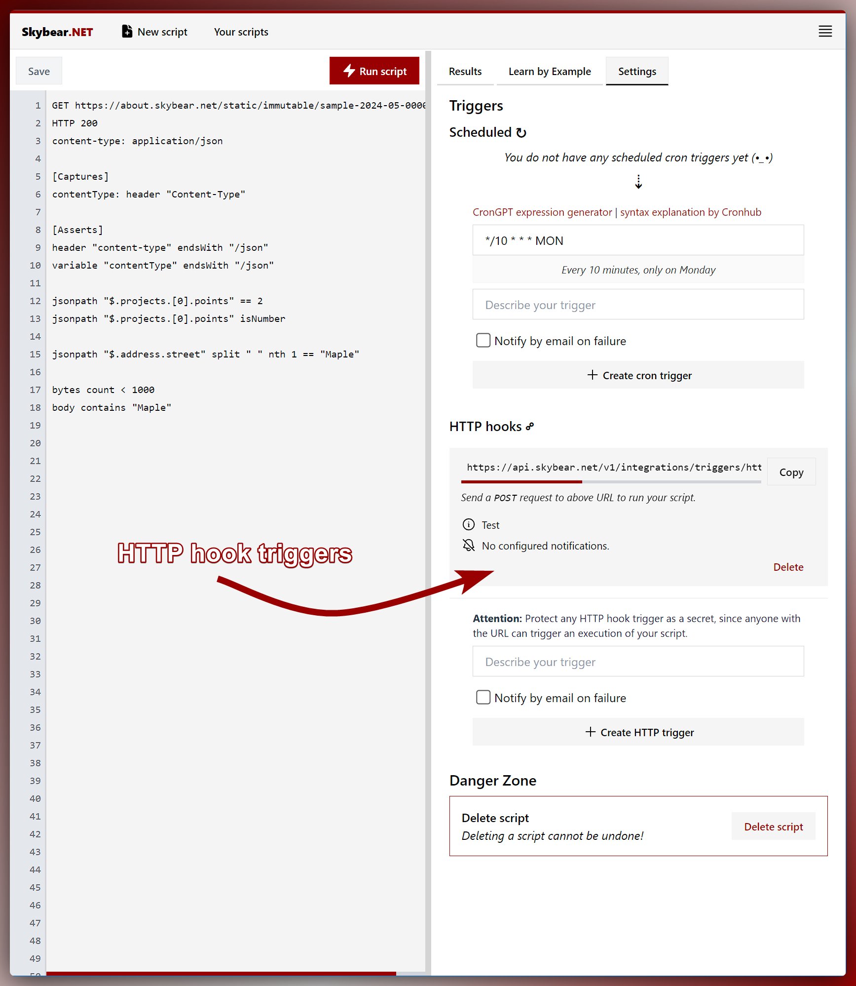 Skybear.NET http trigger settings Skybear.NET http trigger settings